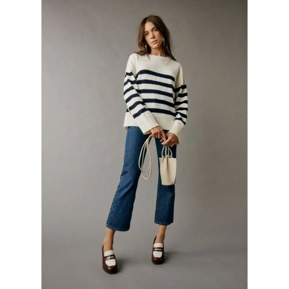 Sezane Bastien wool Sweater Ecru Marine Striped Knit Pullover M - Picture 2 of 10